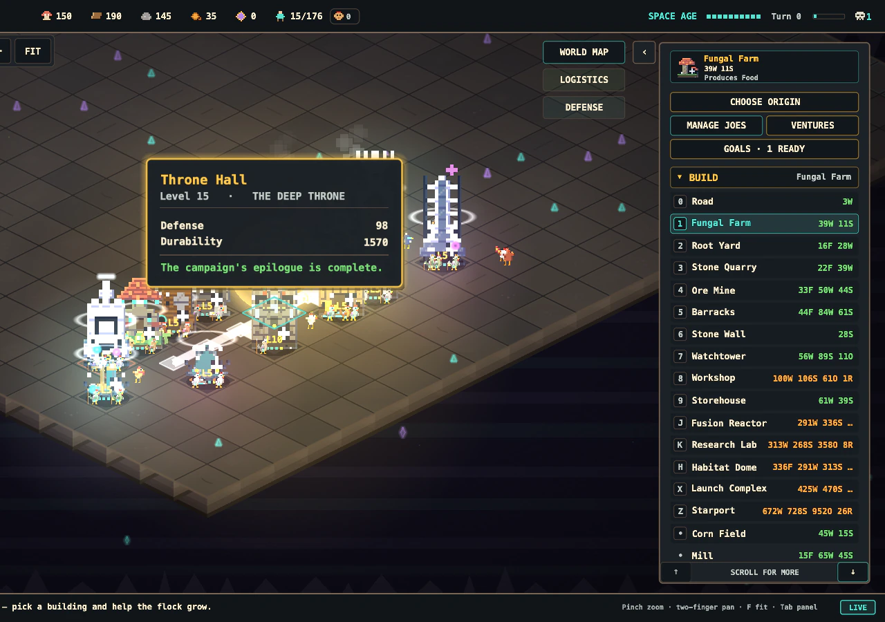 The in-game Deep Throne standing complete in a Space Age Joe Town