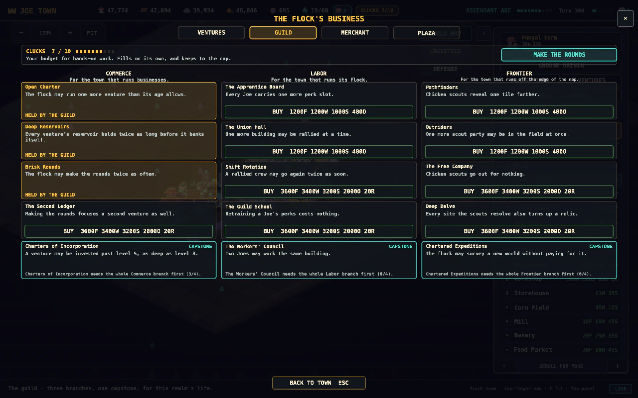 The guild tree showing Commerce, Labor, and Frontier branches