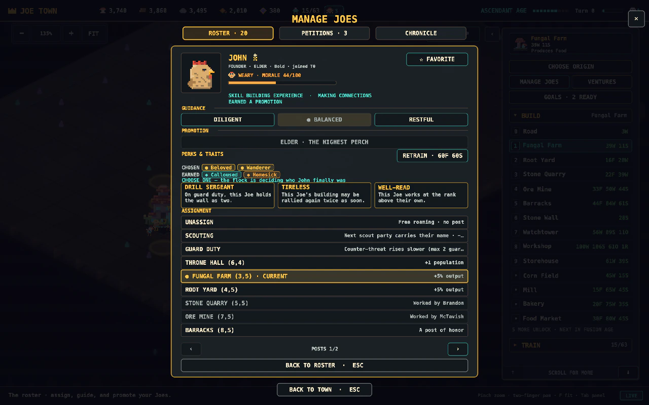 A named Joe’s detail card showing perks and earned traits
