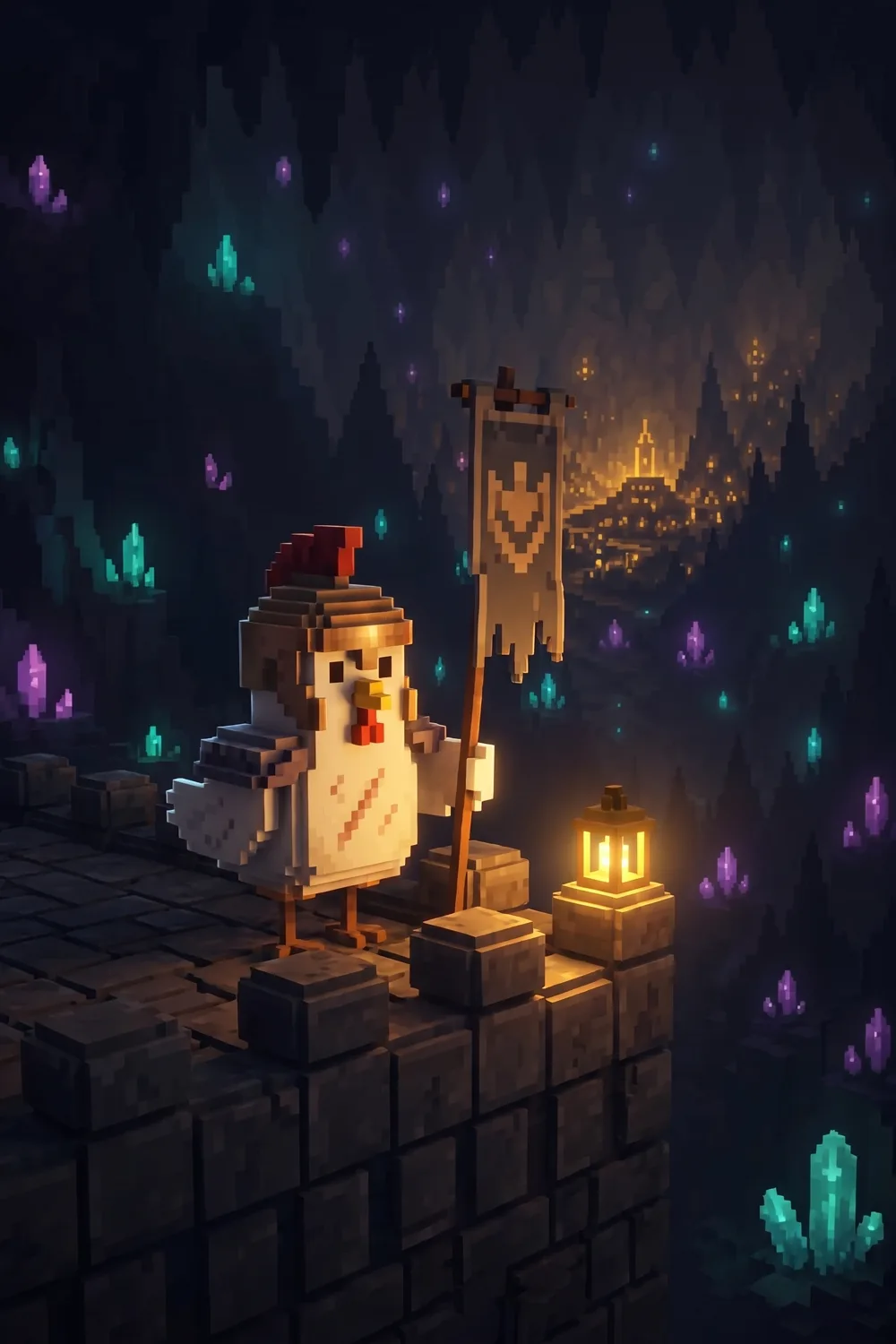 An armored chicken captain holding a tattered banner on a rampart
