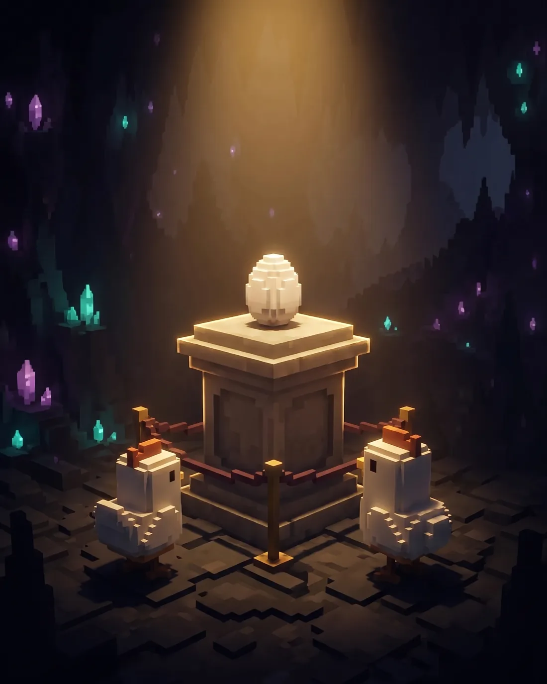 Two chickens admiring a plain egg displayed on a museum pedestal