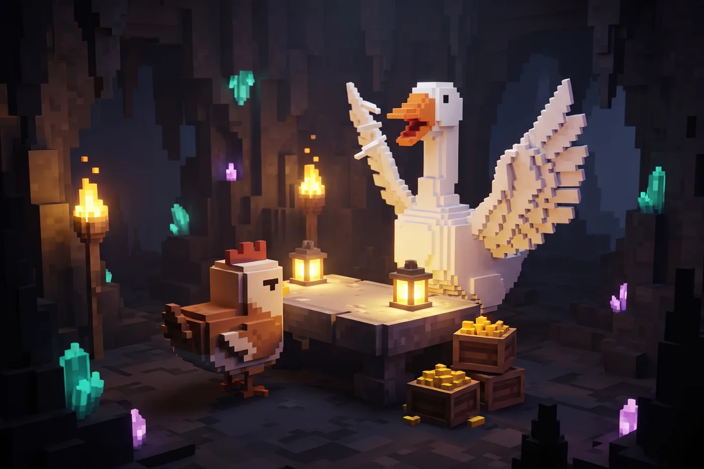 A chicken envoy negotiating with a honking goose diplomat across a stone table