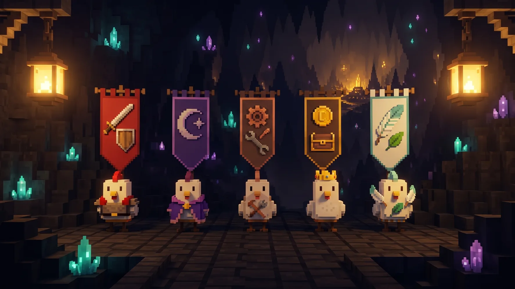 Five chickens standing beneath five faction banners