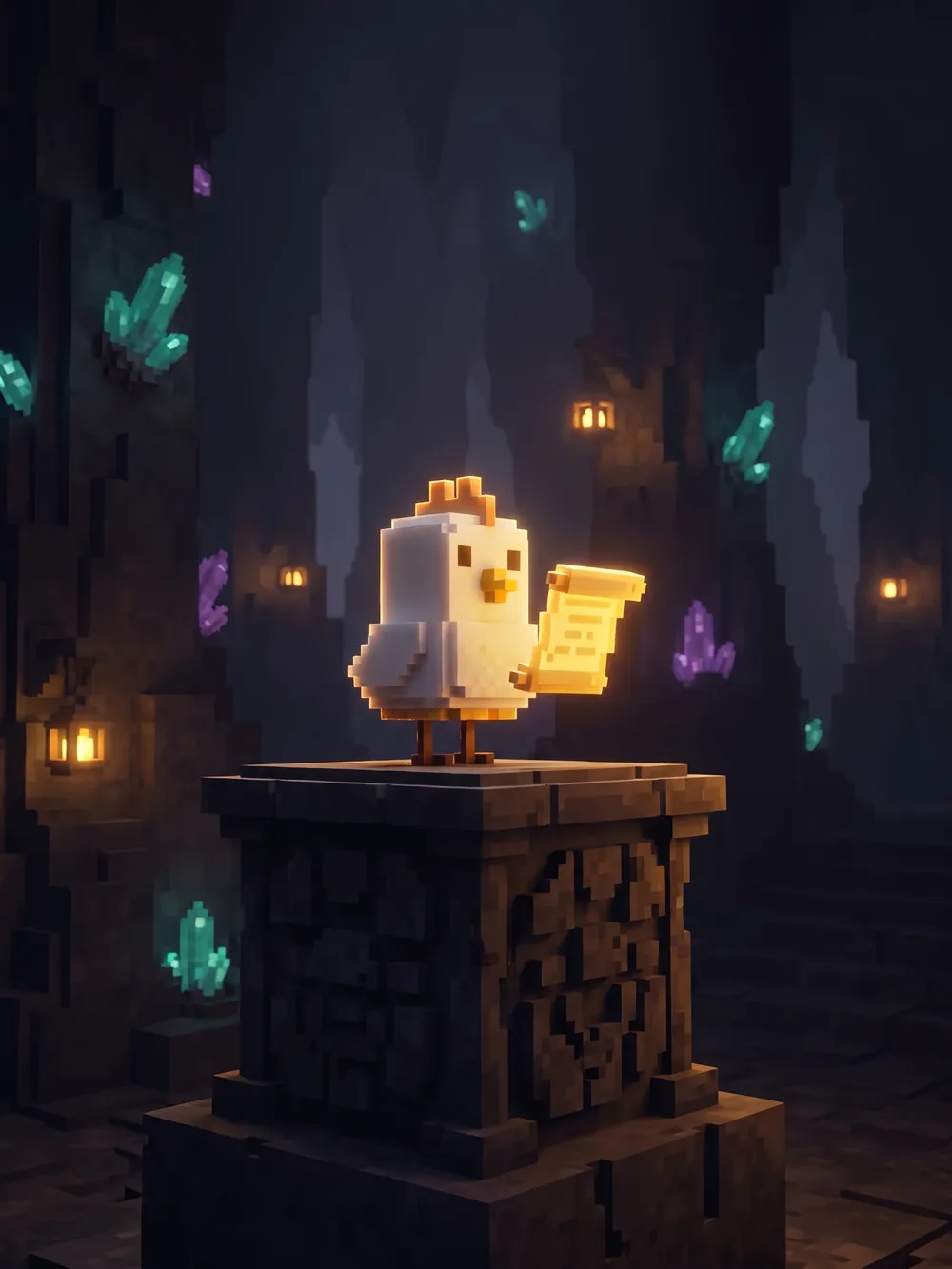 A chicken presenting a glowing petition scroll from a stone podium
