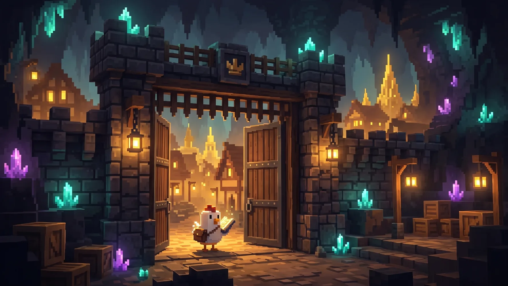 A chicken with a glowing ledger waiting at the town gate at evening