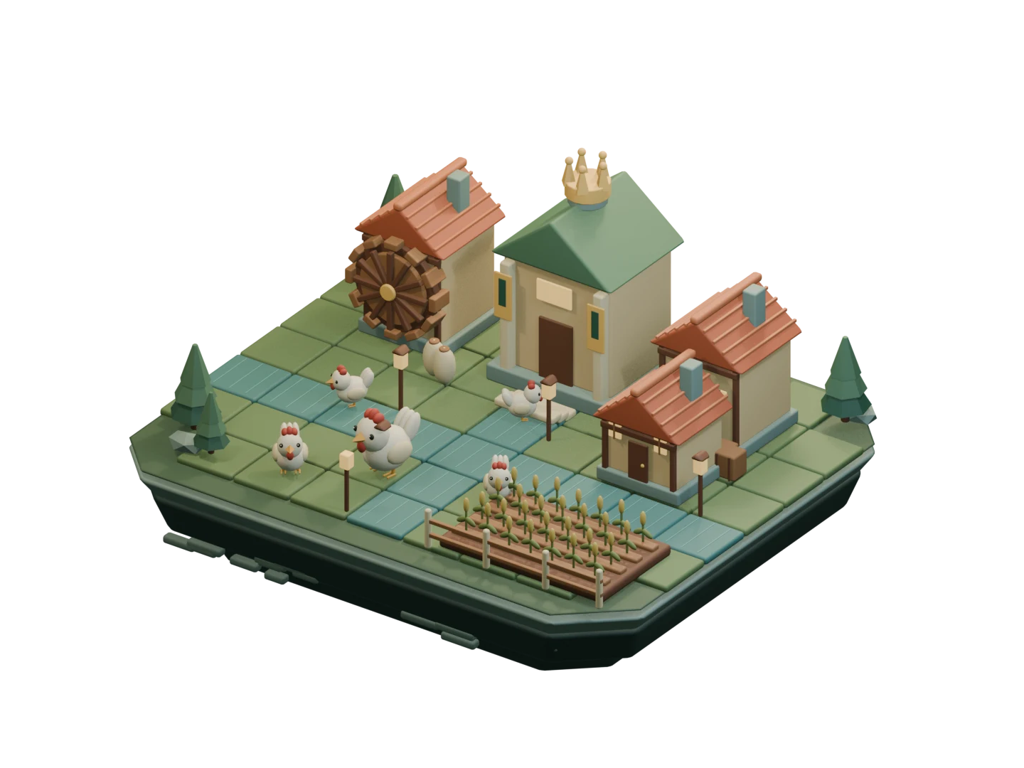 A miniature chicken town with connected teal roads, a crowned hall, chickens and a turning mill wheel, illustrated in 3D