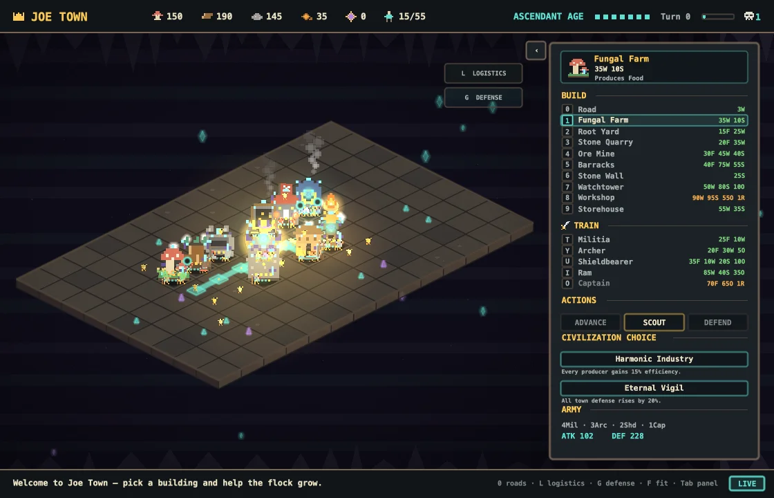 Joe Town in the Ascendant age — a glowing pixel-art capital with a civilization choice between Harmonic Industry and Eternal Vigil